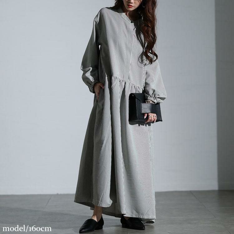 大きいサイズ レディース ストライプギャザーフレアワンピース　maru-30129 ブラック