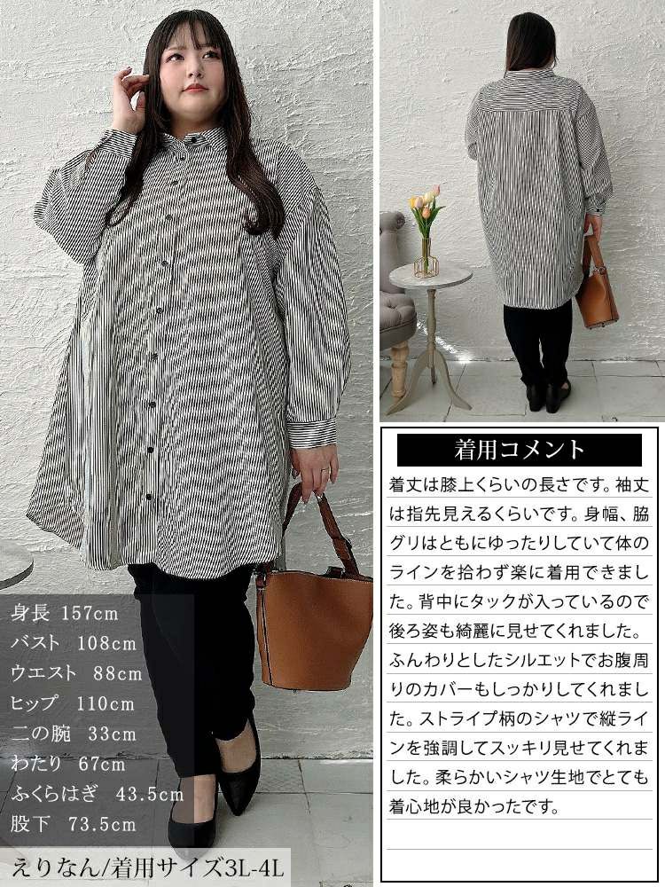大きいサイズ レディース バックタックストライプシャツチュニック　maru-30127 【メール便可】