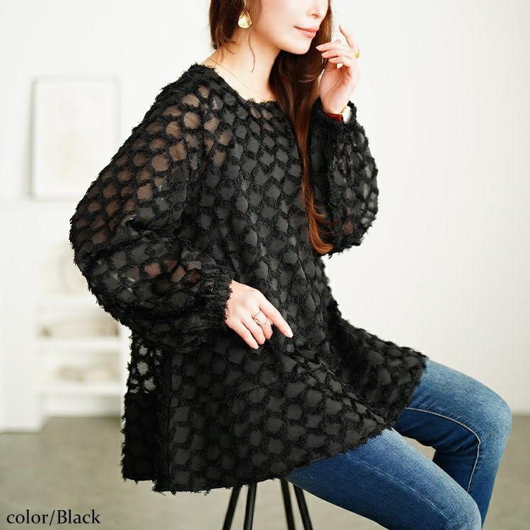 大きいサイズ レディース フリンジジャガードシフォンフレアブラウス　maru-30104