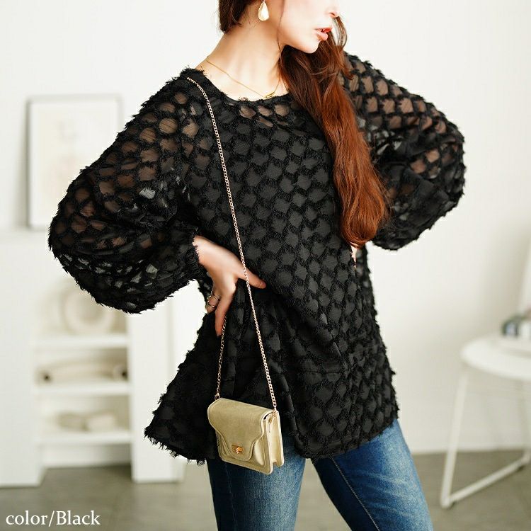 大きいサイズ レディース フリンジジャガードシフォンフレアブラウス　maru-30104