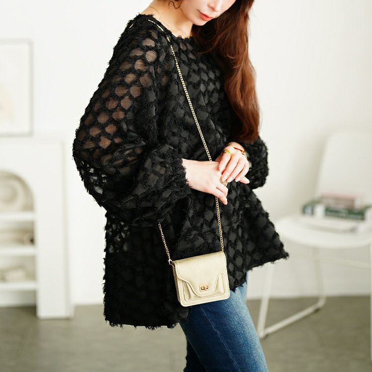 大きいサイズ レディース フリンジジャガードシフォンフレアブラウス　maru-30104