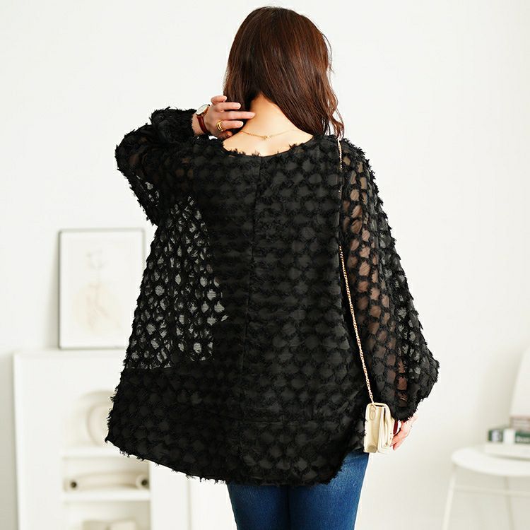 大きいサイズ レディース フリンジジャガードシフォンフレアブラウス　maru-30104