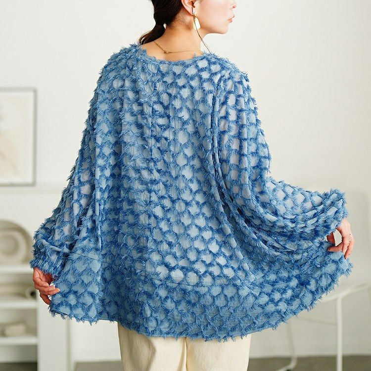 大きいサイズ レディース フリンジジャガードシフォンフレアブラウス　maru-30104