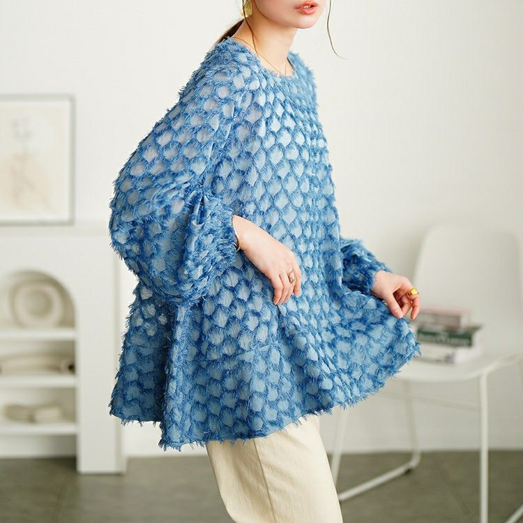 大きいサイズ レディース フリンジジャガードシフォンフレアブラウス　maru-30104