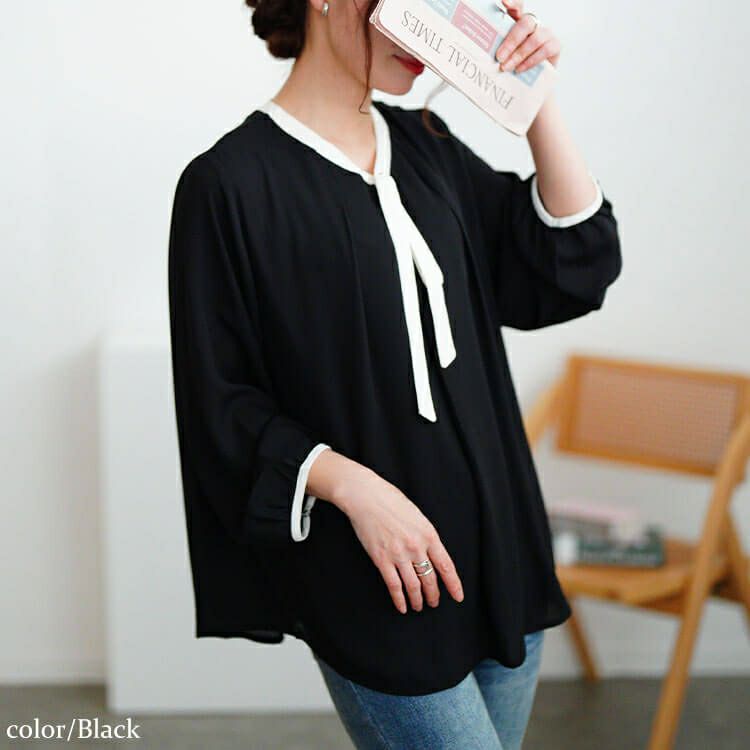 大きいサイズ レディース バイカラーボウタイブラウス　mncut-154005 【メール便可】