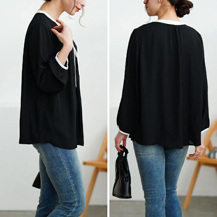 大きいサイズ レディース バイカラーボウタイブラウス　mncut-154005 【メール便可】