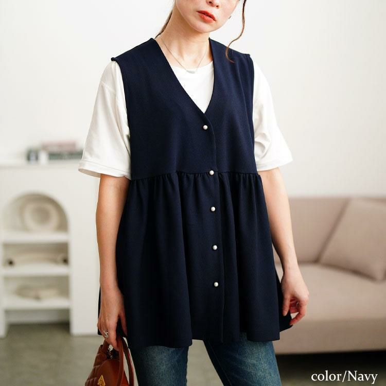 大きいサイズ レディース パールボタンペプラムベスト　mncut-152015 ネイビー