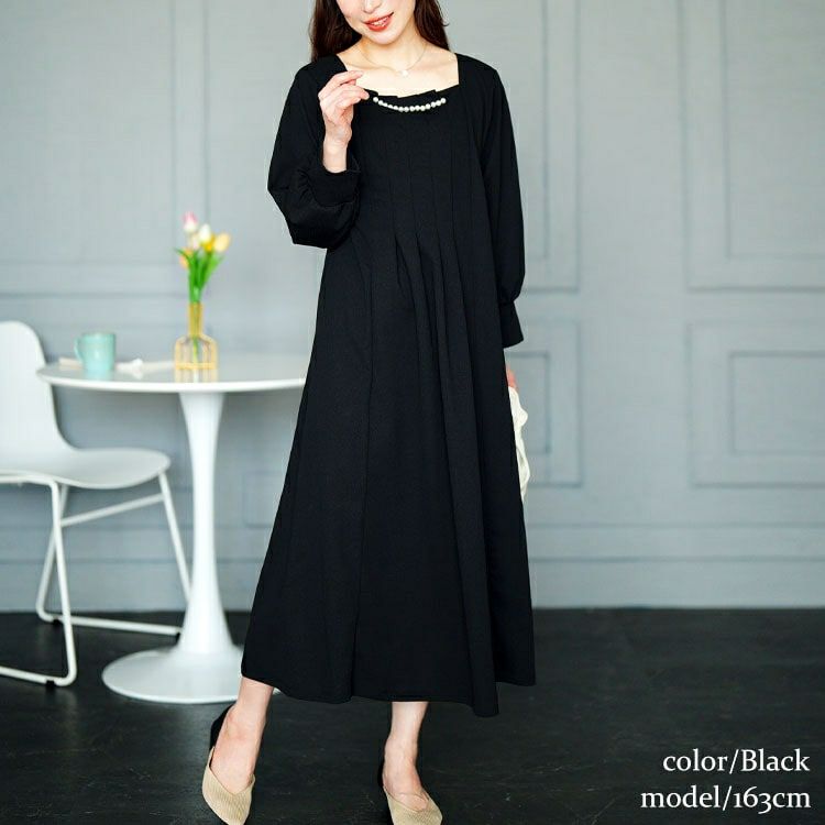 大きいサイズ レディース 胸元タックパール付きフレアワンピース　mncut-152010