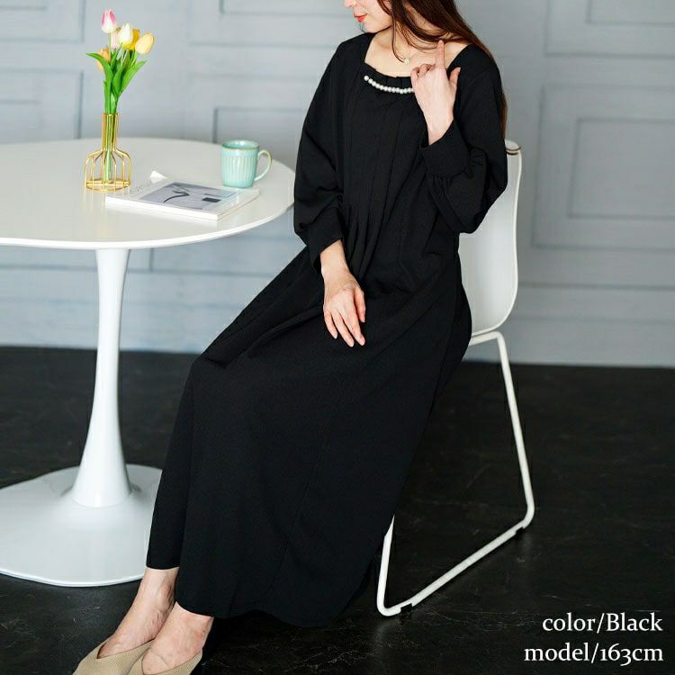 大きいサイズ レディース 胸元タックパール付きフレアワンピース　mncut-152010