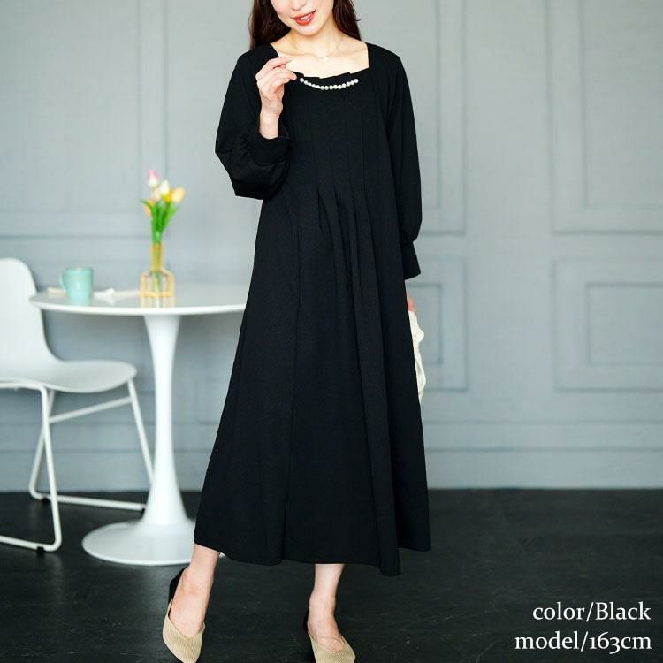 大きいサイズ レディース 胸元タックパール付きフレアワンピース　mncut-152010 ブラック