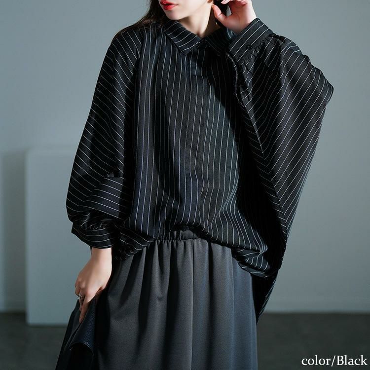 大きいサイズ レディース ピンストライプドルマンシャツ　sw-0678 ブラック