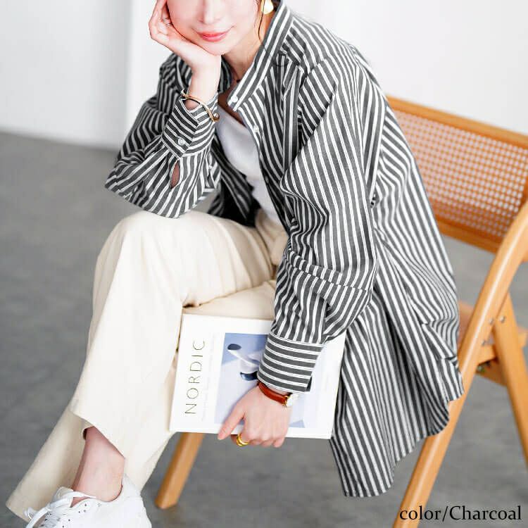 大きいサイズ レディース ストライプランタンスリーブタックシャツ　cpdai-640719