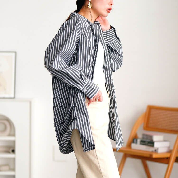 大きいサイズ レディース ストライプランタンスリーブタックシャツ　cpdai-640719