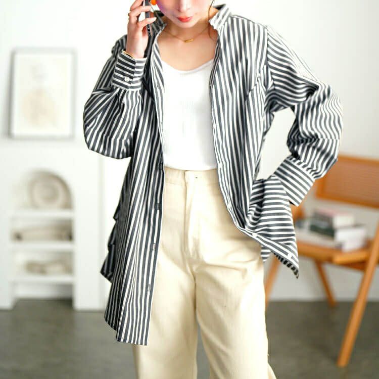 大きいサイズ レディース ストライプランタンスリーブタックシャツ　cpdai-640719