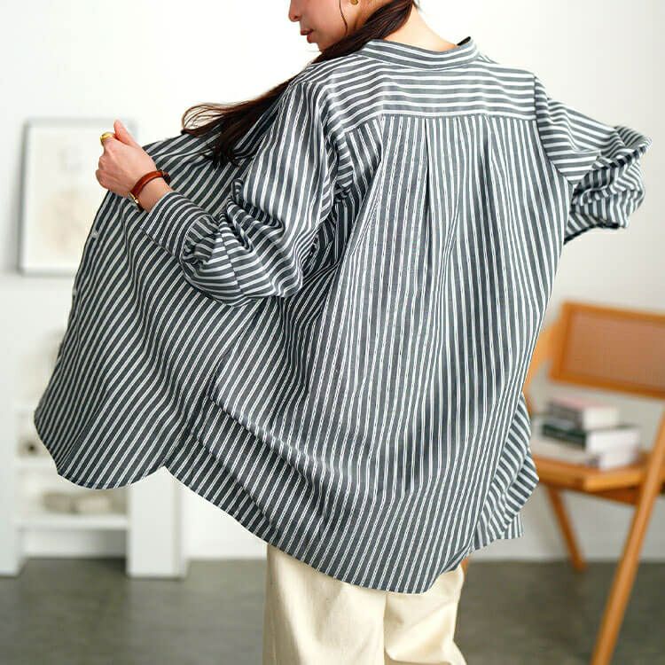 大きいサイズ レディース ストライプランタンスリーブタックシャツ　cpdai-640719