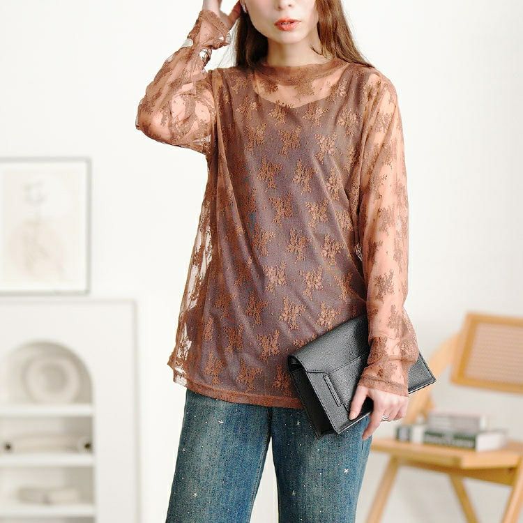 大きいサイズ レディース ミニハイネック花柄チュールレーストップス　cpdai-659594 【メール便可】