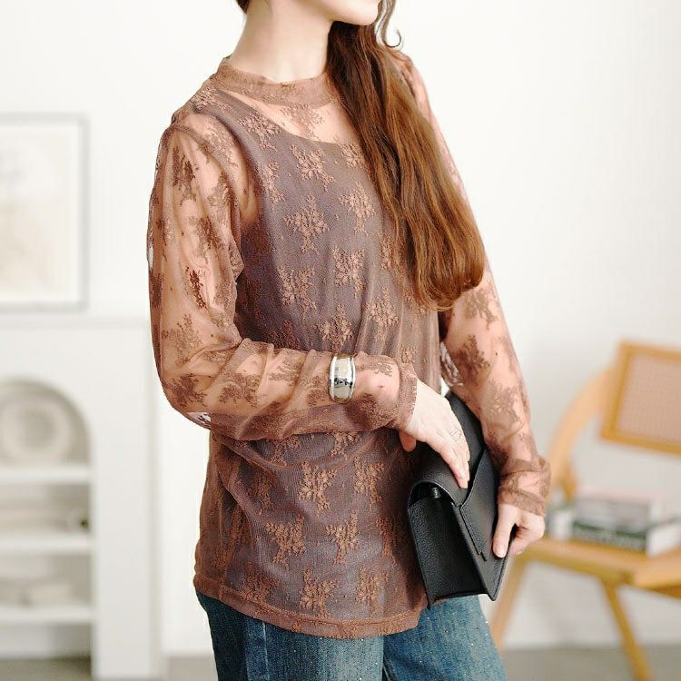 大きいサイズ レディース ミニハイネック花柄チュールレーストップス　cpdai-659594 【メール便可】