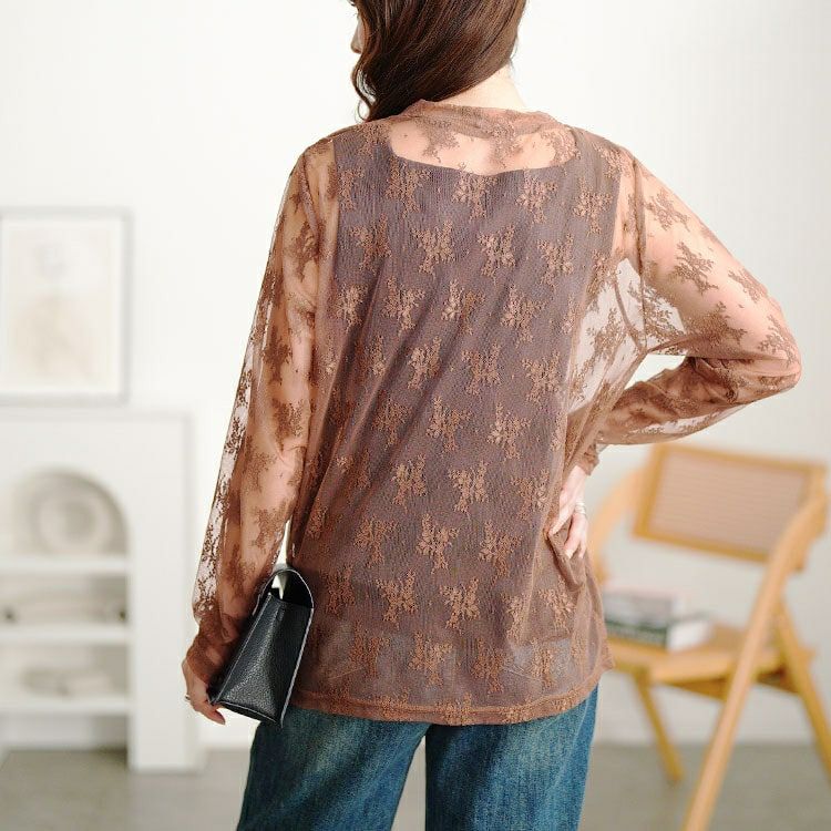 大きいサイズ レディース ミニハイネック花柄チュールレーストップス　cpdai-659594 【メール便可】