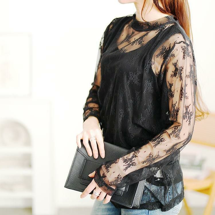 大きいサイズ レディース ミニハイネック花柄チュールレーストップス　cpdai-659594 【メール便可】 ブラック