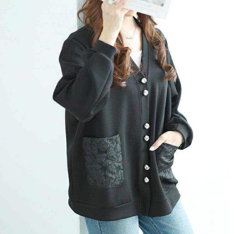 大きいサイズ レディース 花柄ポケットVネックカーディガン　goldy-1640