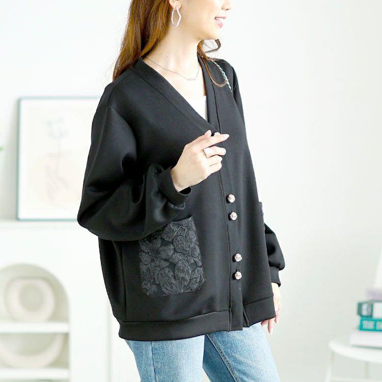 大きいサイズ レディース 花柄ポケットVネックカーディガン　goldy-1640