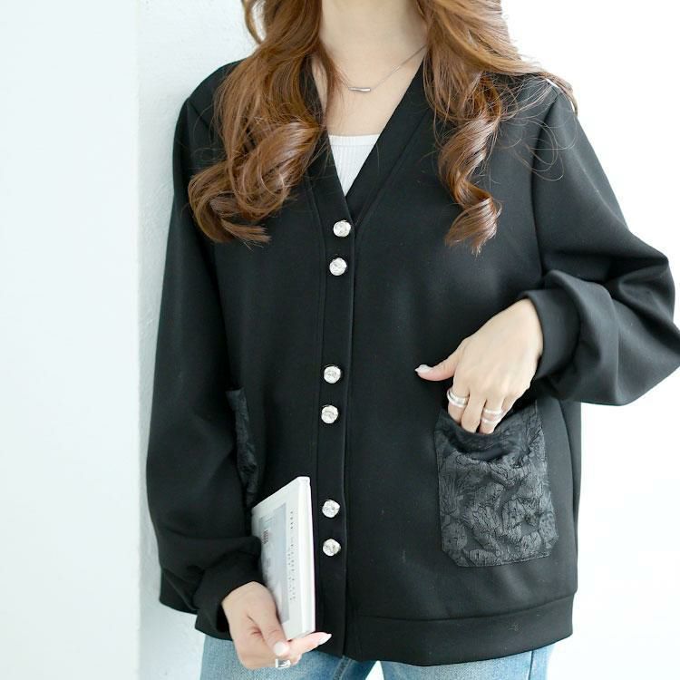 大きいサイズ レディース 花柄ポケットVネックカーディガン　goldy-1640 ブラック