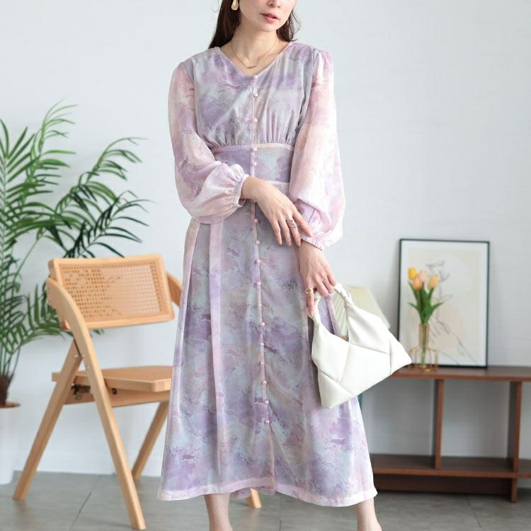 大きいサイズ レディース ニュアンス柄ウエスト切り替えシフォンワンピース　maru-30103