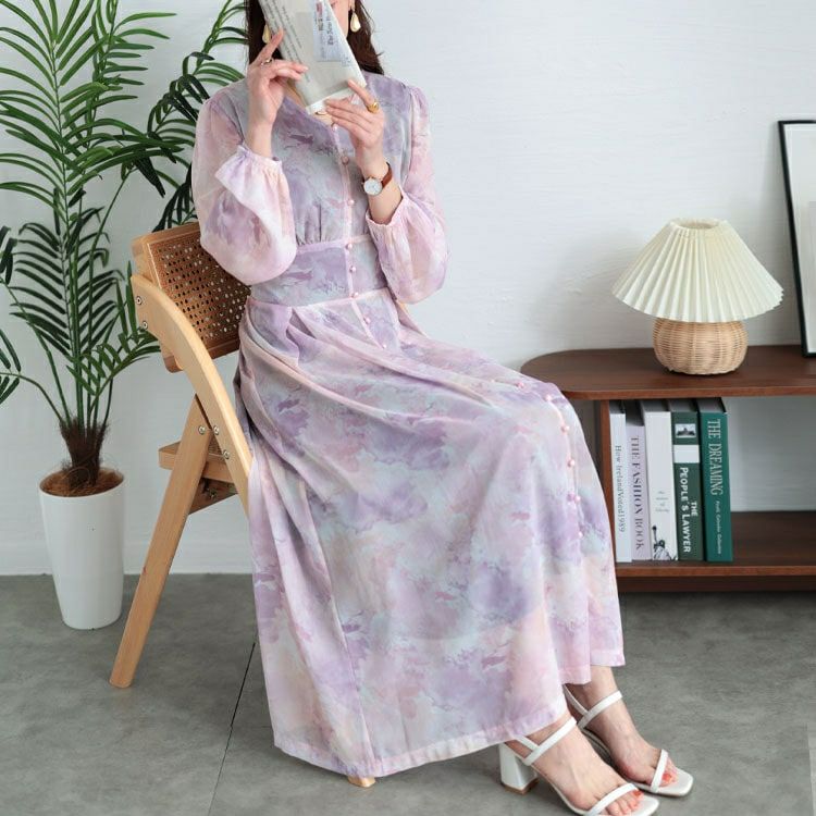 大きいサイズ レディース ニュアンス柄ウエスト切り替えシフォンワンピース　maru-30103