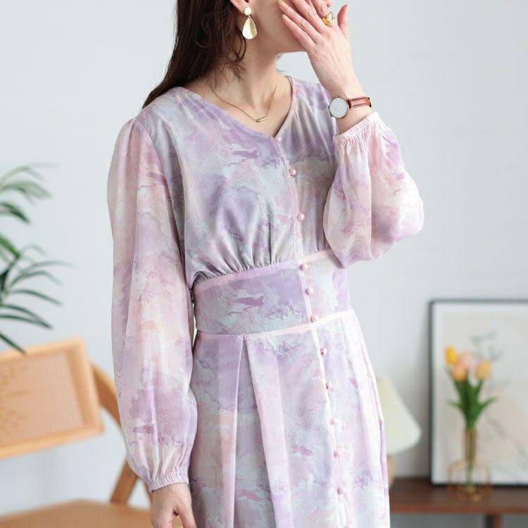 大きいサイズ レディース ニュアンス柄ウエスト切り替えシフォンワンピース　maru-30103