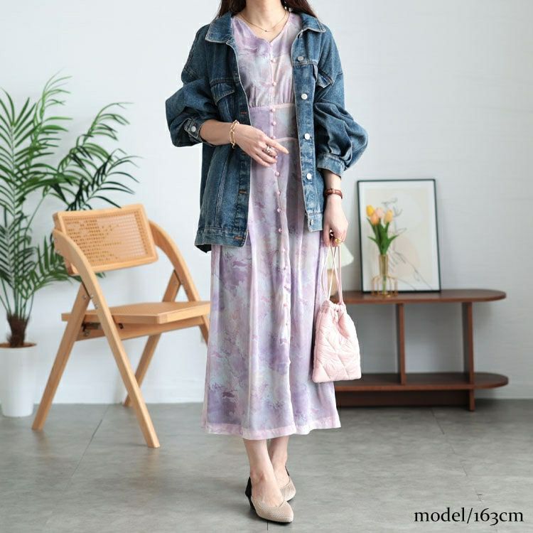 大きいサイズ レディース ニュアンス柄ウエスト切り替えシフォンワンピース　maru-30103