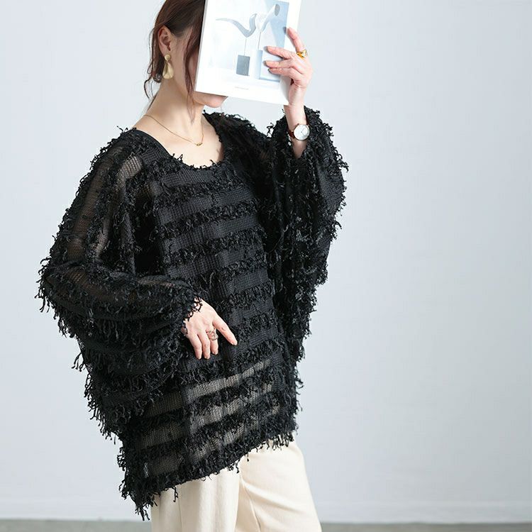 大きいサイズ レディース フリンジボーダージャガードドルマン　jp530 【メール便可】