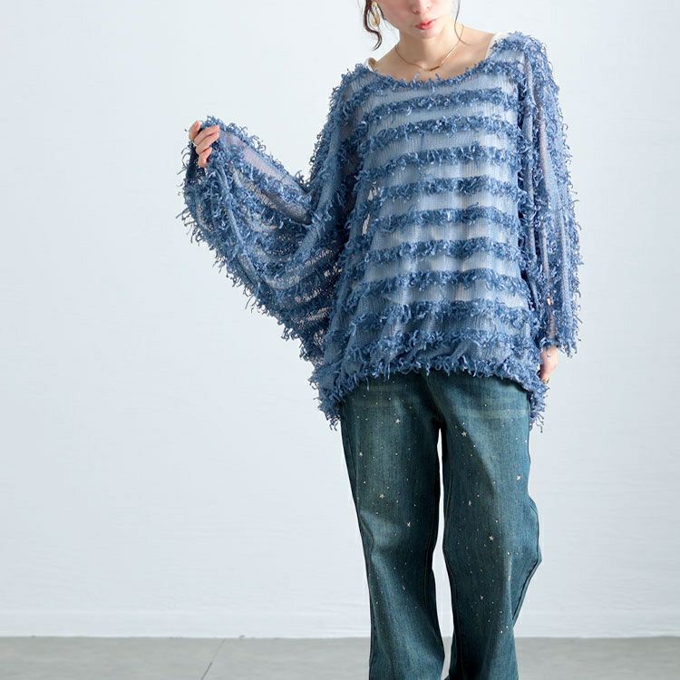 大きいサイズ レディース フリンジボーダージャガードドルマン　jp530 【メール便可】