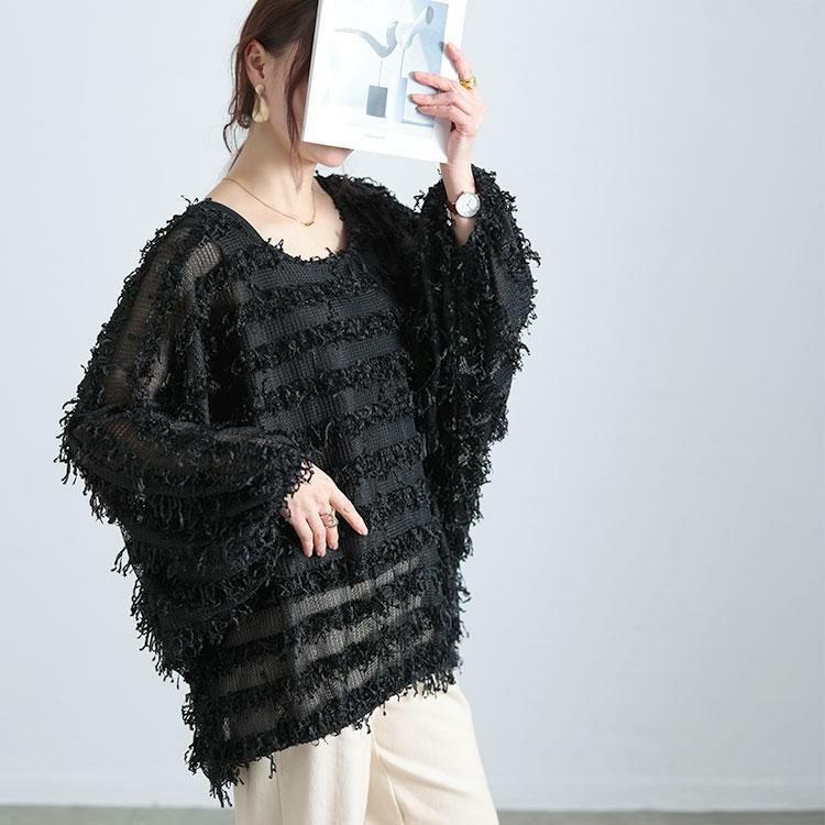 大きいサイズ レディース フリンジボーダージャガードドルマン　jp530 【メール便可】 ブラック