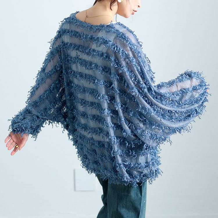 大きいサイズ レディース フリンジボーダージャガードドルマン　jp530 【メール便可】 ブルー