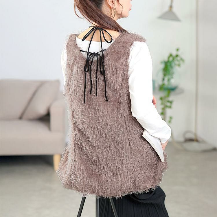 大きいサイズ レディース ホルターネックシャギーベスト　jp524 【メール便可】 グレー