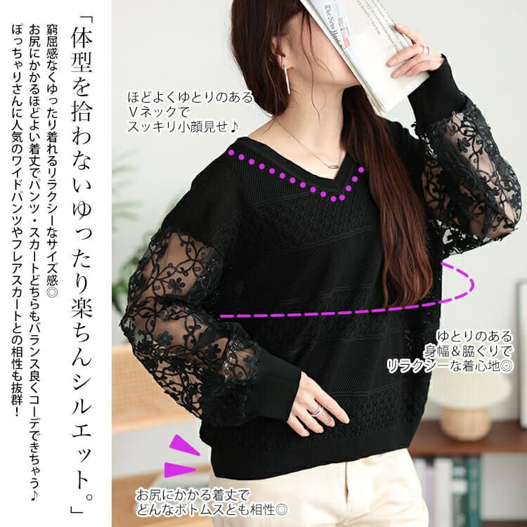 大きいサイズ レディース 花柄刺繍チュール切り替え柄編みニット　jp528