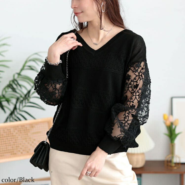大きいサイズ レディース 花柄刺繍チュール切り替え柄編みニット　jp528