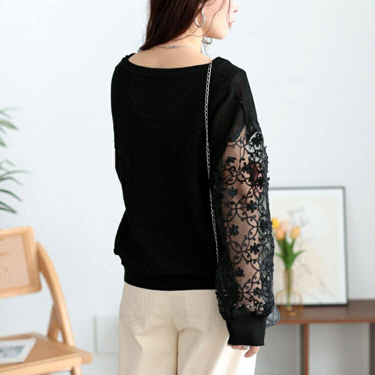 大きいサイズ レディース 花柄刺繍チュール切り替え柄編みニット　jp528