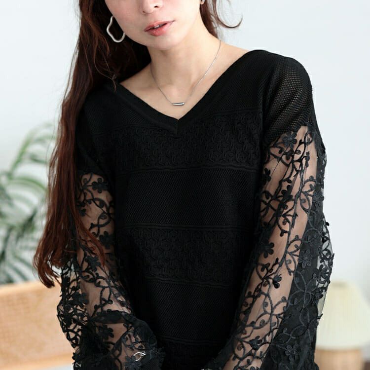 大きいサイズ レディース 花柄刺繍チュール切り替え柄編みニット　jp528