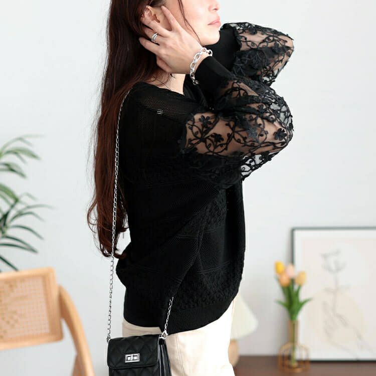 大きいサイズ レディース 花柄刺繍チュール切り替え柄編みニット　jp528