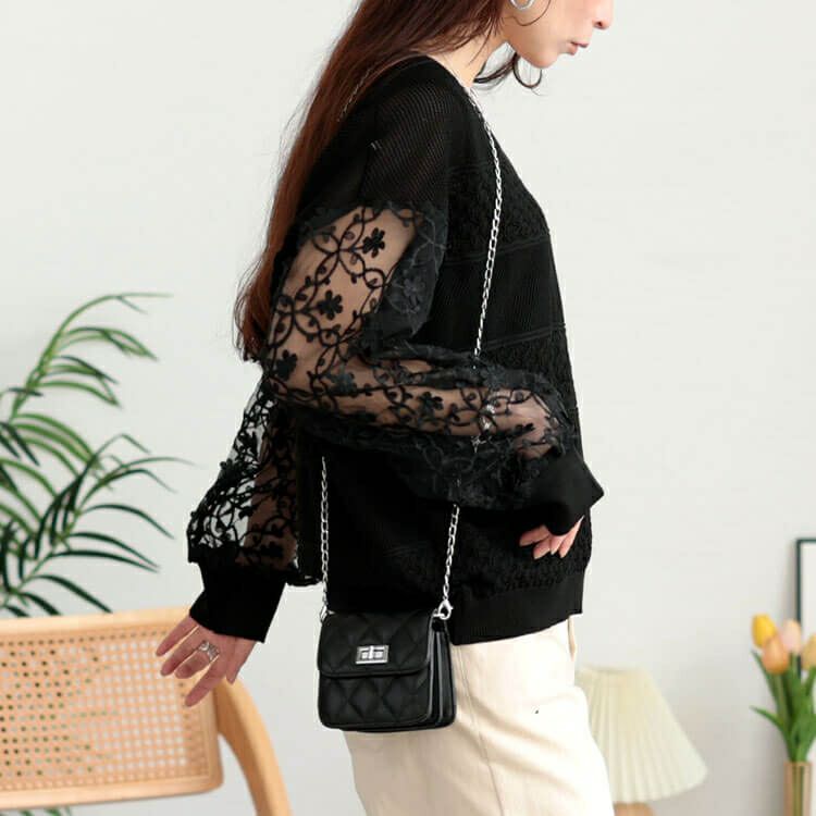 大きいサイズ レディース 花柄刺繍チュール切り替え柄編みニット　jp528