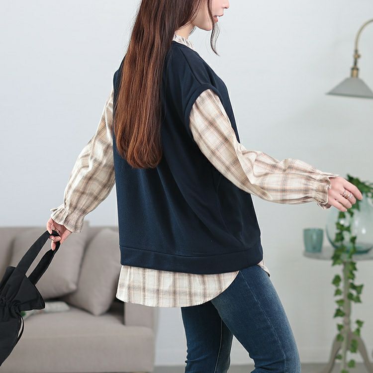 大きいサイズ レディース チェックシャツフェイクベストチュニック　cast-5552019 【メール便可】