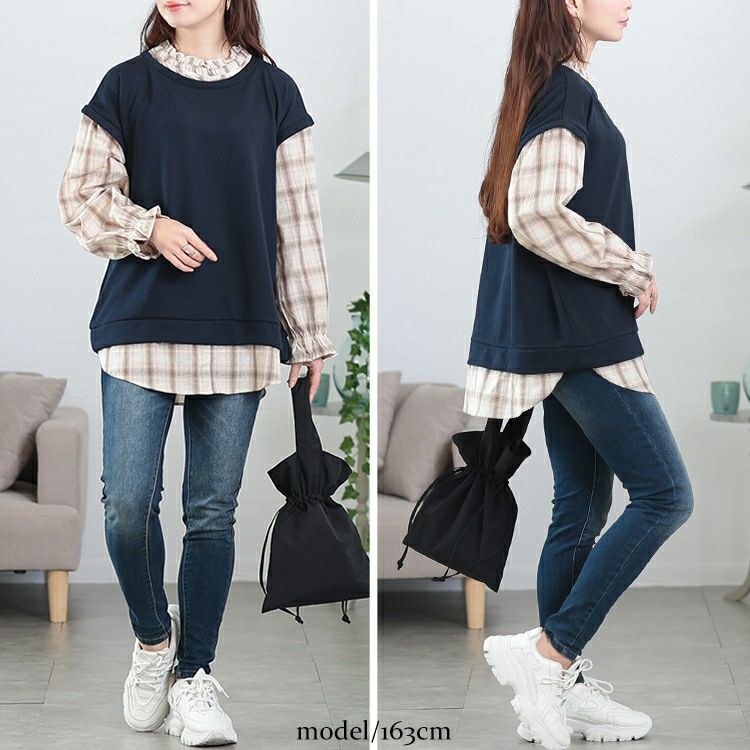 大きいサイズ レディース チェックシャツフェイクベストチュニック　cast-5552019 【メール便可】