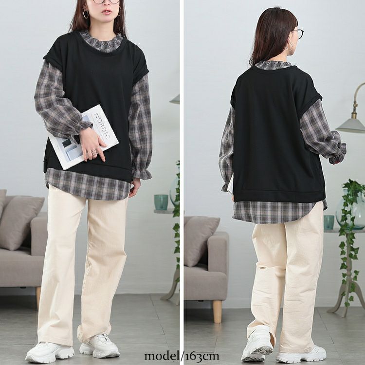 大きいサイズ レディース チェックシャツフェイクベストチュニック　cast-5552019 【メール便可】