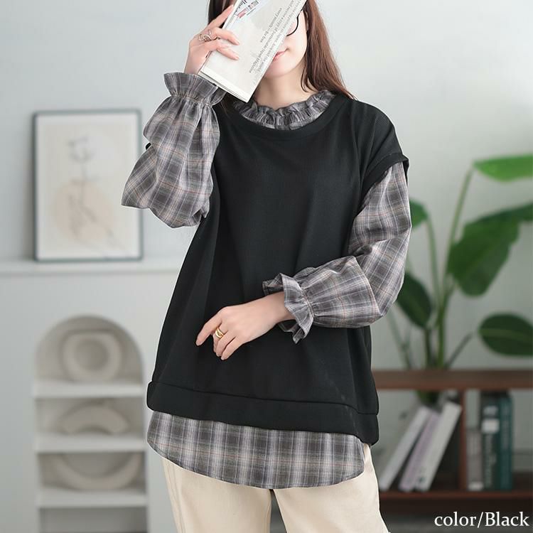 大きいサイズ レディース チェックシャツフェイクベストチュニック　cast-5552019 【メール便可】 ブラック