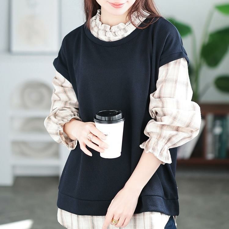 大きいサイズ レディース チェックシャツフェイクベストチュニック　cast-5552019 【メール便可】 ネイビー