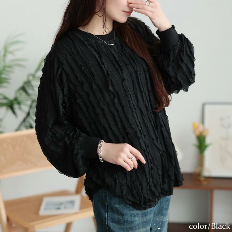 大きいサイズ レディース フリルタックジャガードプルオーバー　plan-271024 【メール便可】 ブラック
