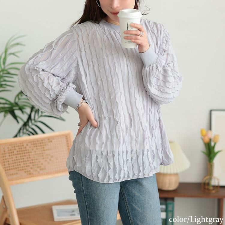 大きいサイズ レディース フリルタックジャガードプルオーバー　plan-271024 【メール便可】 ライトグレー