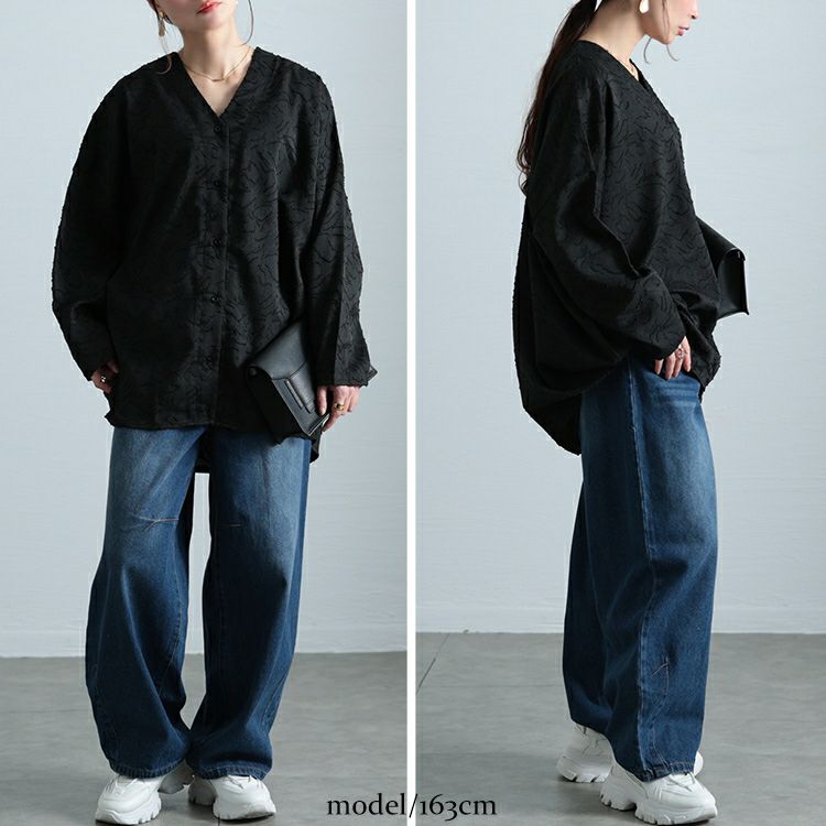 大きいサイズ レディース ジャガードサイドタックコクーンシャツ　sw-0701