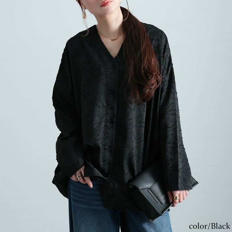 大きいサイズ レディース ジャガードサイドタックコクーンシャツ　sw-0701 ブラック